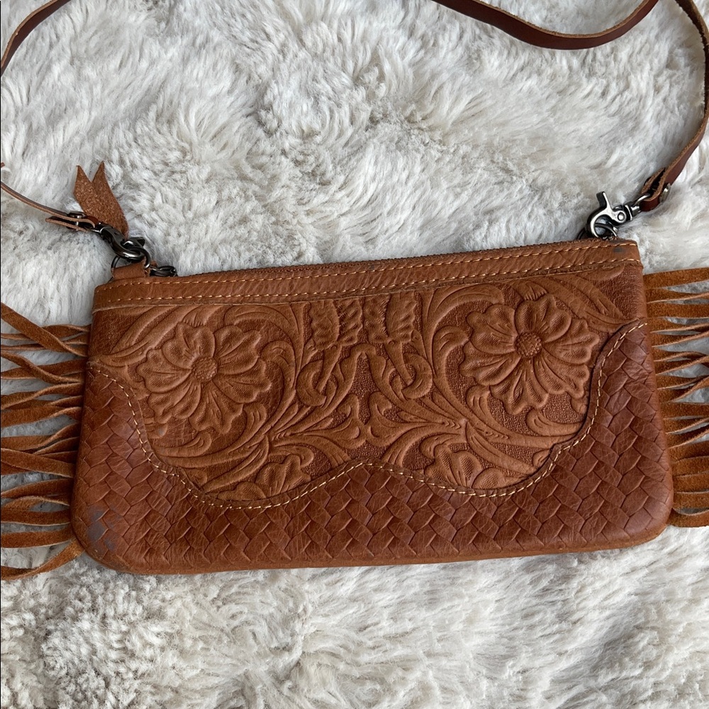 American Bling Brown Fringe Leather embossed flowers Crossbody Bag